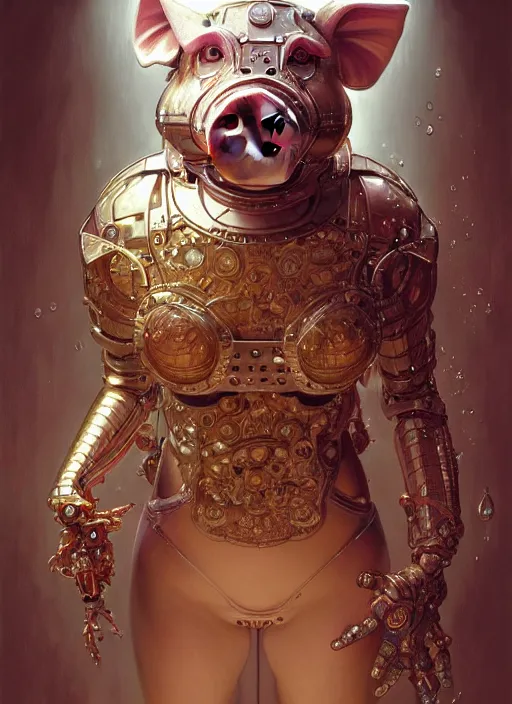 Image similar to robotic pig, d & d, wet, shiny, fantasy, intricate, elegant, extremely higly detailed, ultra definition, digital painting, artstation, anatomical perfection, baroque, portrait, concept art, smooth, sharp focus, illustration, art by artgerm and greg rutkowski and alphonse mucha