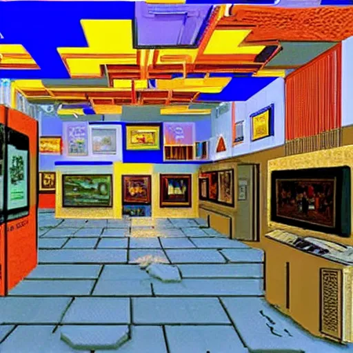 Prompt: this was the first virtual art museum in a video game, made in 1 9 9 0, detailed