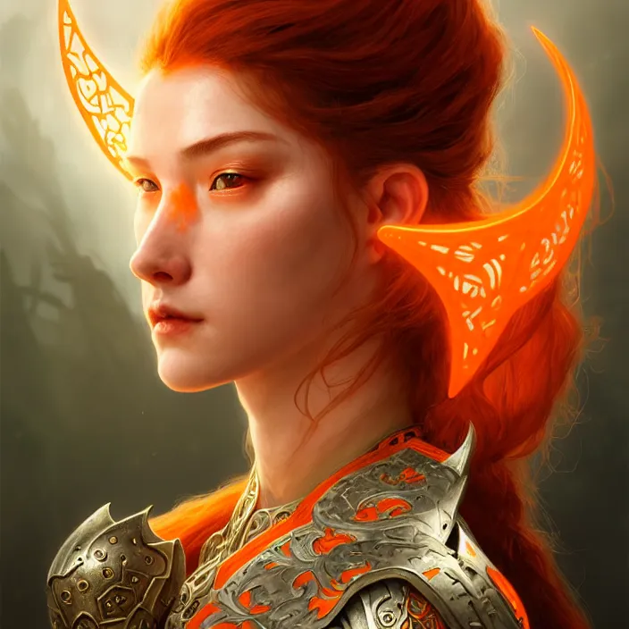 Image similar to head and shoulders portrait of a d & d ranger with her porcelain armor, chinese kangxi orange and white, volumetric lighting, fantasy, intricate, elegant, lifelike, photorealistic, artstation, concept art, sharp focus, by john collier and albert aublet and krenz cushart and artem demura and alphonse mucha