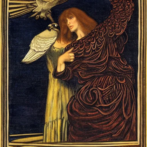 Prompt: Turning and turning in a widening gyre, the falcon cannot hear the falconer, painted by Dante Gabriel Rossetti