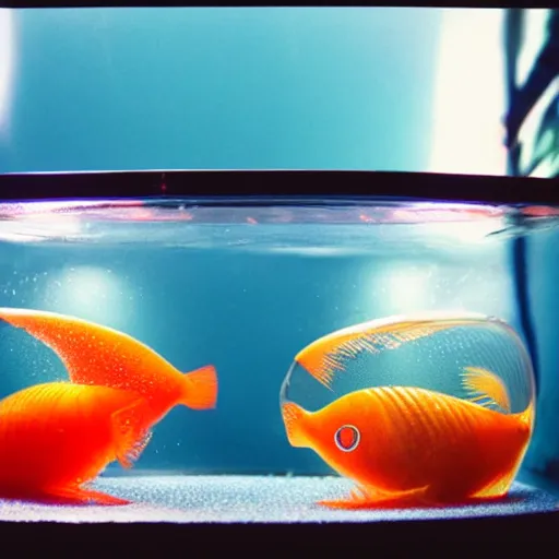 Prompt: two goldfishes swimming in the same fishbowl in a wong kar wai movie, photorealistic, 3 5 mm