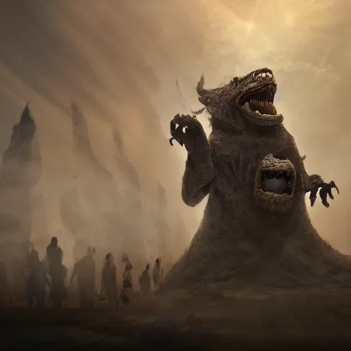 Image similar to Giant smoke monster with large teeth coming out of the ground, made of thick swirling smoke, mist, air particles, sandstorm, dramatic lighting, Byzantine ruins, surrounded by priests, worshipers, desert, cinematic, trending on artstation