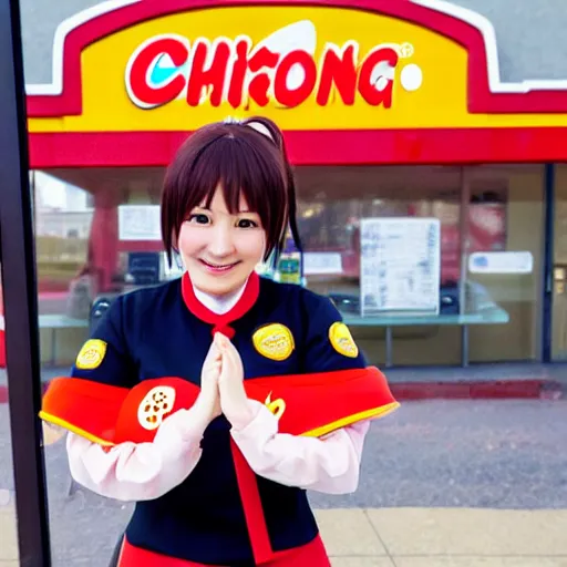 Prompt: Chiaki nanami wearing a burger king uniform, 8k