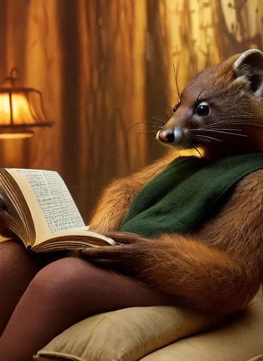 Prompt: A beautiful scene from a 2022 fantasy film featuring a humanoid pine marten wearing loose clothing reading on a couch. An anthropomorphic pine marten. Golden hour.