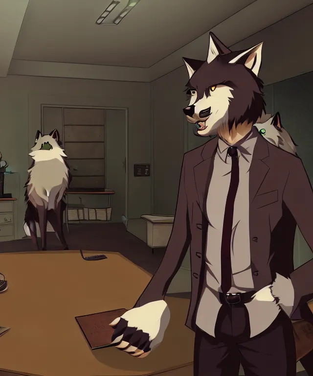 Prompt: furry - wolf - detective - fursona uhd ue 5 visual novel pc game screenshot