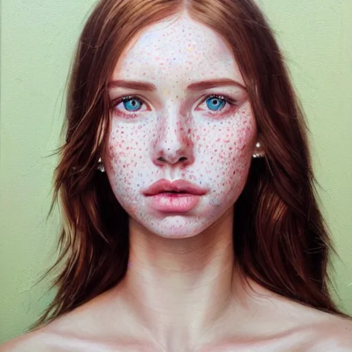 Image similar to Facial portrait of a pretty cottagecore girl, looking at the camera, slight awkward smile, lips slightly parted, very light freckles, no hands visible, extremely detailed painting by Greg Rutkowski and by Steve Henderson and by Harumi Hironaka