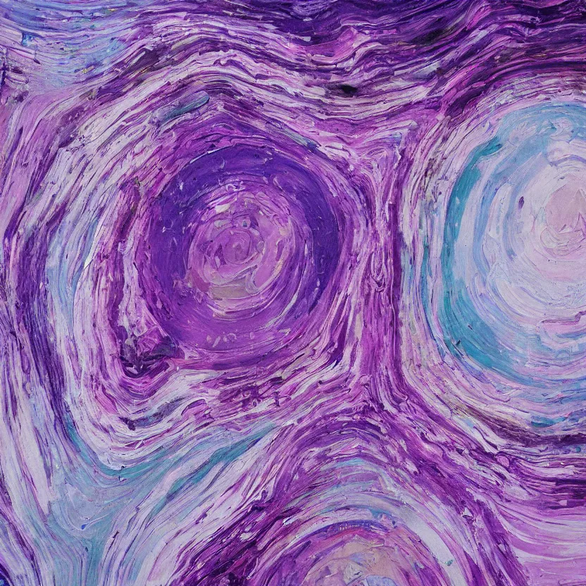 Image similar to abstract multiple layers of purple and blue shades paint dripping and running in a circular pattern, oil on canvas, detailed