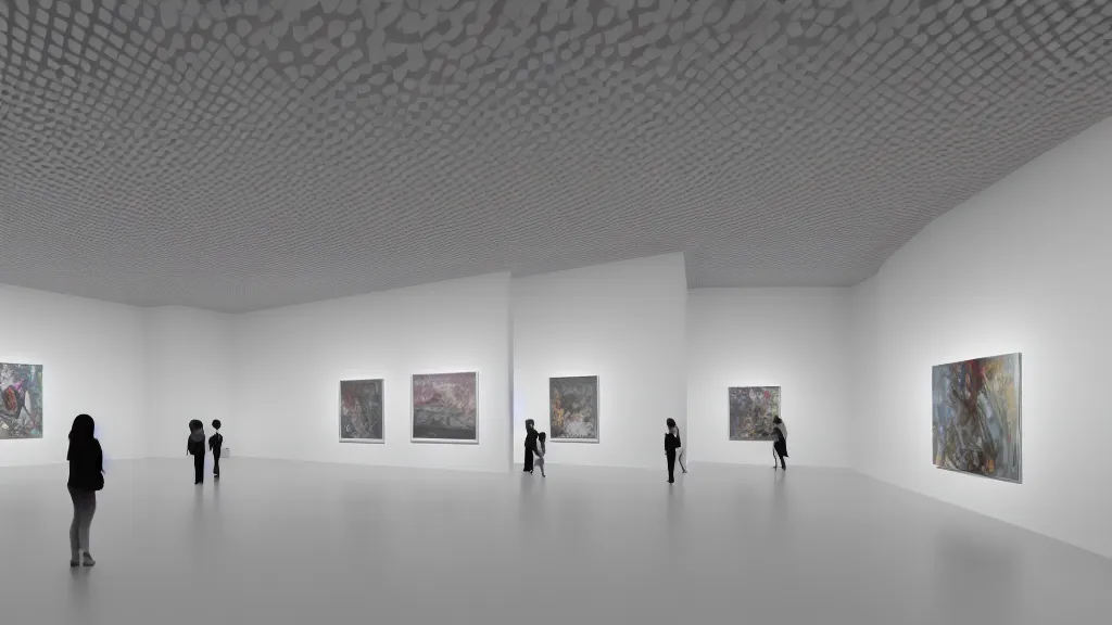 Image similar to 3 d rendering of a hyper modern art gallery with white walls, hyper detailed, soft light, unreal engine 5, 4 k, trending on artstation