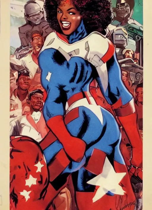 Image similar to beautiful black female captain america. afro - feminist captain america wins wwii. american wwii propaganda poster by james gurney, rob liefeld and pixar. gorgeous face. overwatch, realistic. black power