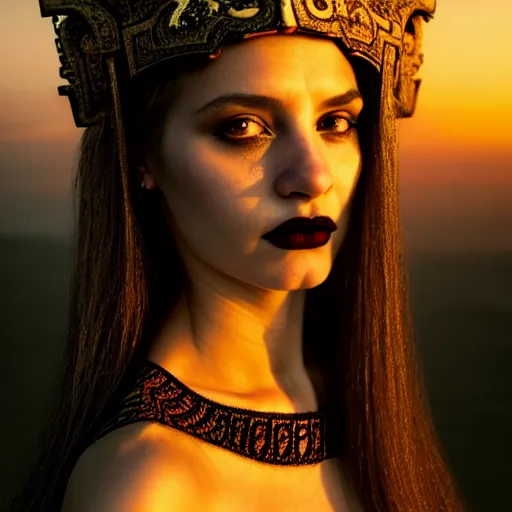 Image similar to photographic portrait of a stunningly beautiful gothic mayan female in soft dreamy light at sunset, contemporary fashion shoot, by edward robert hughes, annie leibovitz and steve mccurry, david lazar, jimmy nelsson, breathtaking, 8 k resolution, extremely detailed, beautiful, establishing shot, artistic, hyperrealistic, beautiful face, octane render