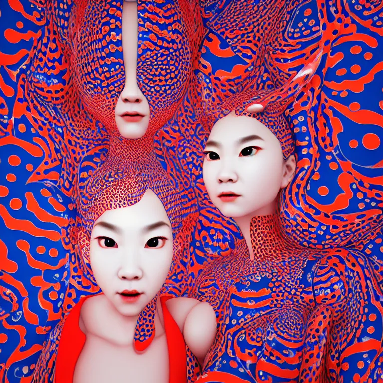 Image similar to hyperrealistic detailed image of a geisha in a art installation room, hd smooth interior by yayoi kusama, part by kei mieno, part by ross tran, dark art by james jean, ultra realistic, highly detailed, life like face, detailed body, 8 k, 3 d render by roger magrini, very cohesive, masterpiece