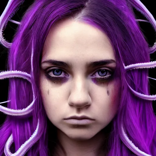 Image similar to detailed photo portrait of a furious teen girl with thin, hair-like purple tentacles on her head and bright purple eyes, 8k, trending on DeviantArt, face enhance,hyper detailed ,full of colour, dramatic lightning