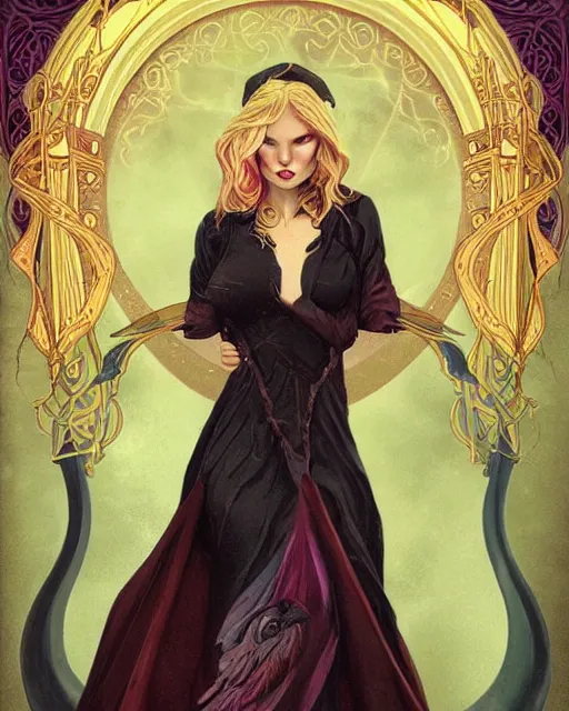 Image similar to tarot, art nouveau border, beautiful wicked female occultist, sweeping ombre blonde hair, red eyes, black velvet dress, dark colors, magic Amulet, raven, fantasy painting, trending in Artstation, GSociety, by Charlie Bowater, Brom, Bastien Lecouffe-Deharme