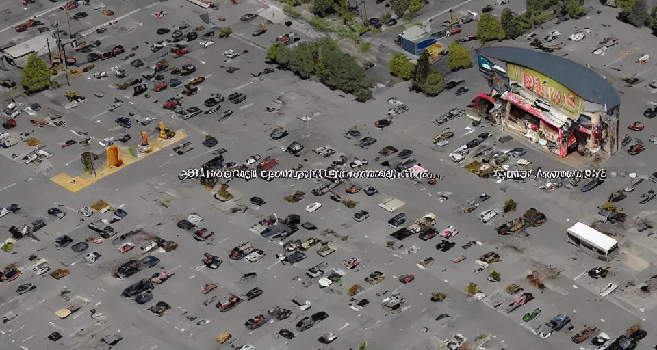 Image similar to top down aerial view of dilapidated zombie - apocalypse gas - station with supermarket and restaurants in real life, desolate with zombies, dilapidated, zombies in the streets, nightmarish, some rusted style parked vehicles, sunny weather, few clouds, volumetric lighting, photorealistic, daytime, autumn, sharp focus, ultra detailed, cgsociety