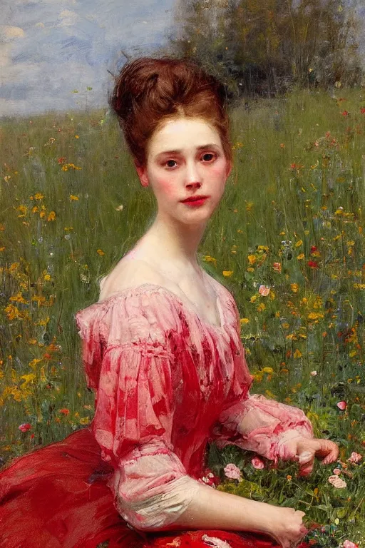 Prompt: Solomon Joseph Solomon and Richard Schmid and Jeremy Lipking victorian genre painting portrait painting of an elegant slim young cottagecore girl in an open field of flowers, red background