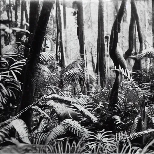 Image similar to lost film footage of a sacred in the middle of the ( ( ( ( ( ( ( ( ( tropical jungle ) ) ) ) ) ) ) ) ) / film still / cinematic / enhanced / 1 9 0 0 s / black and white / grain