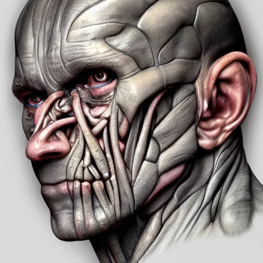 Prompt: a portrait of a biomechanical human, eyes replaced with an a array of sensors, muscle striation visible, 8k, color airbrush, by Simon Bisley