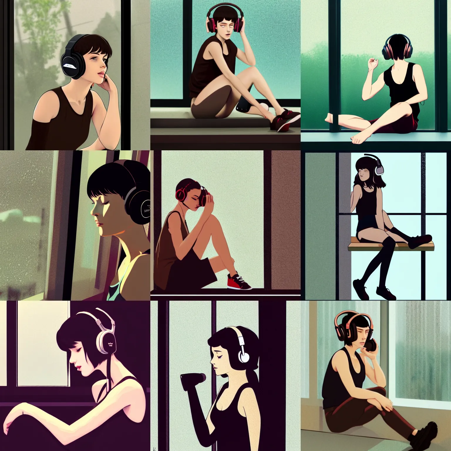 Prompt: beautiful girl with dark brown hair, wearing a low cut tanktop, sitting down, leaning against the window, headphones, rainy background, in the style of ilya kuvshinov