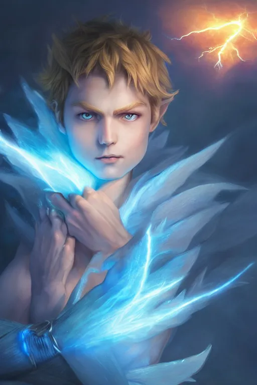 Prompt: legendary fairy prince casting a lightning spell,, blue energy, highly detailed, d & d, fantasy, highly detailed, digital painting, trending on artstation, concept art, sharp focus, illustration, global illumination, ray tracing, realistic shaded, art by artgerm and greg rutkowski and fuji choko and viktoria gavrilenko and hoang lap