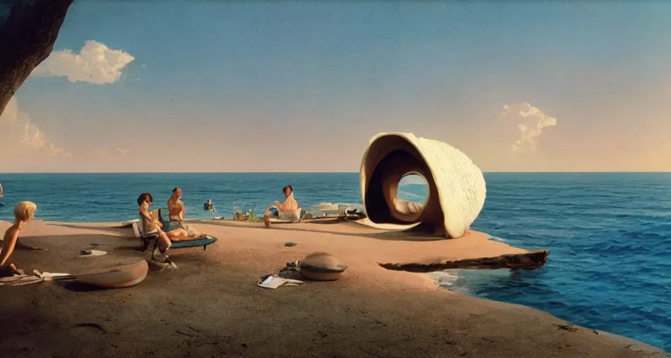 Image similar to a giant seashell house with a doorhole, cinematography by syd mead, gregory crewdson