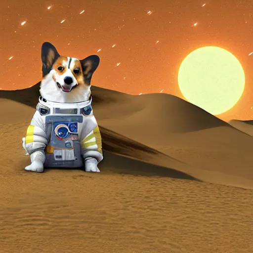 Image similar to a corgi astronaut on mars, high quality digital art