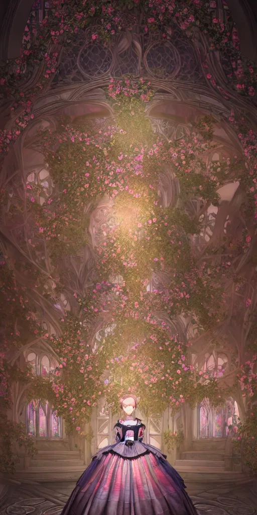 Image similar to the beautiful hyperdetailed physical rendering of a single rose wedding gothic lolita dress clothing design display in exhibition hall, perfectly shaded, atmospheric lighting, in the style of makoto shinkai louis comfort tiffany and louis comfort tiffany stanley artgerm lau wlop rossdraws beeple, surrealistic style, 8 k hd, 3 drender