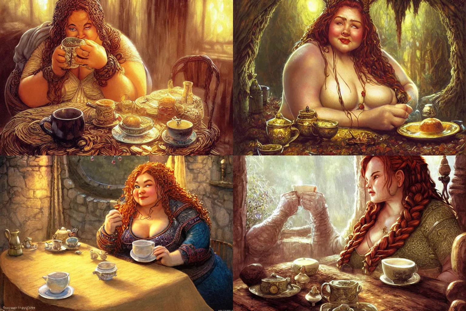 Prompt: an elegant chubby dwarven woman before a beautiful breakfast table with a mug of coffee, dungeons and dragons warcraft lotr, plump, big nose, neat braided hair, afternoon time, cozy, cheerful atmosphere, soft golden hour, intricate, by greg staples and elsa beskow