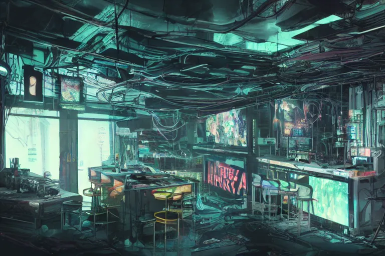 Image similar to ultra mega super hyper realistic Digital concept interior design in style of Hiromasa Ogura and Josan Gonzalez of cyberpunk tavern with stone walls and neon lights, a lot of electronics, many details in style of Hiromasa Ogura and Josan Gonzalez. Natural white sunlight from the transperient roof. Rendered in VRAY and DaVinci Resolve and MAXWELL and LUMION 3D, Volumetric natural light