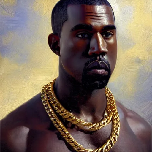 Prompt: detailed realistic cinematic wide shot of beautiful attractive muscular kanye west with gold chain wearing blue bath robe slim face symettrical face clean skin black eyes black robe smooth, sharp focus, ultra realistic, spring light, painting by gaston bussiere, craig mullins, j. c. leyendecker