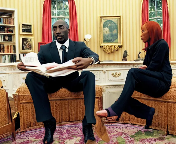 Image similar to Jen Psaki and Tupac Shakur acting fools high on LEAN in the oval office , Photograph By Rineke Dijkstra; by Yoichi Okamoto