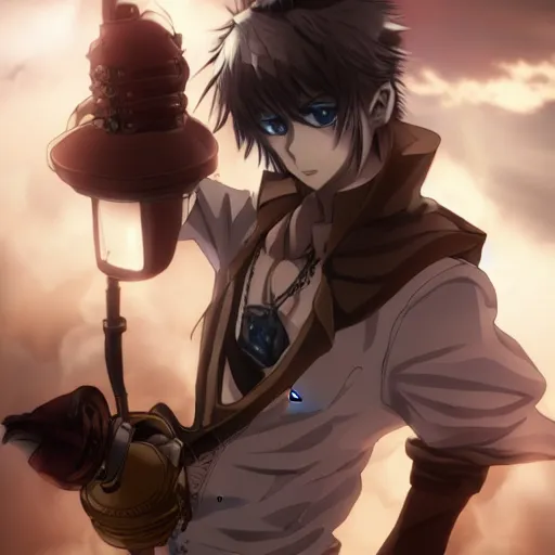 Image similar to anime man with a steampunk prosthetic arm, handsome, finely detailed, cinematic lighting, clouds, sky, sunlight, anime,