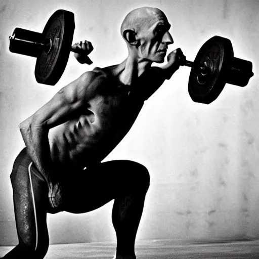 Image similar to portrait of nosferatu doing weightlifting, sport photography