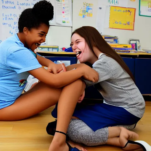 Prompt: 1 8 years old schoolgirl laughing while getting her barefeet tickled by a teacher, zoom out