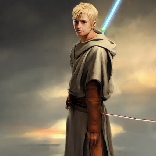 Image similar to a young blonde male jedi with short hair looking away at a threat full body shot concept art by Doug Chiang cinematic concept art, realistic painting, high definition, digital art, matte painting, symmetrical, very detailed, realistic, dramatic lighting, cinematic, establishing shot, extremely high detail, photo realistic, cinematic lighting, post processed, concept art, artstation, matte painting, red color scheme