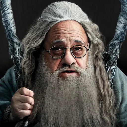 Prompt: danny devito starring as gandalf the white in the 2 0 2 4 lord of the rings movie, full body, hyper realistic, high quality, wide angle, always sunny in philadelphia, with hat