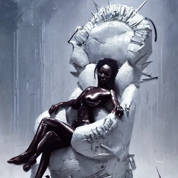 Image similar to african domme mistress in her throne, futuristic, ebony skin, rubber and latex, spikes, white surroundings, smooth, concept art, realistic painting, digital art by greg rutkowski, by junji ito