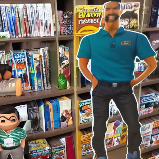 Prompt: a 30 year old skinny brown skinned programmer guy with no beard and thick black hair on top, short on sides, in a dark green polo shirt, blue jeans and grey sneakers funko pop close up highly detailed photo