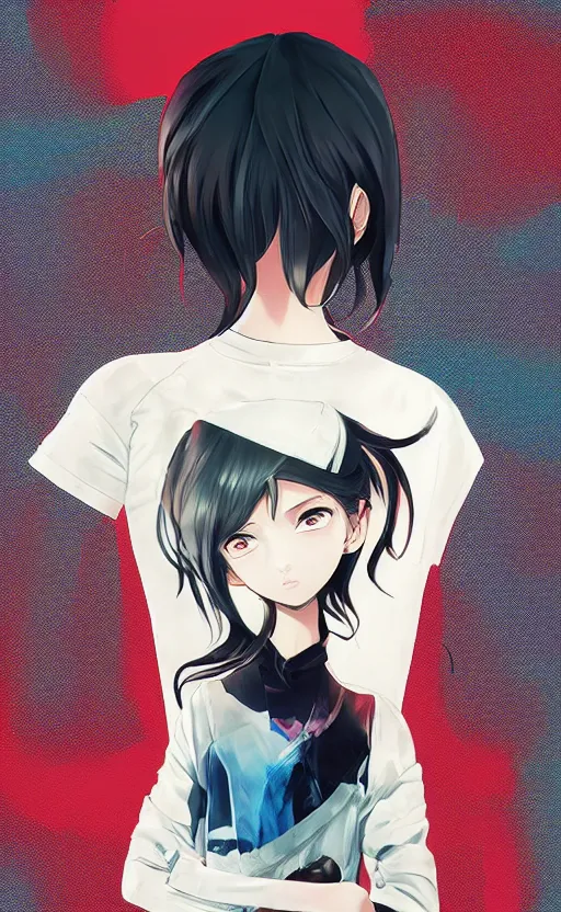 Prompt: shirt art, logo graphic design, manga style, realistic lighting, futuristic solid colors, made by ilya kuvshinov, sold on sukebannyc, from arknights, front portrait of a girl in stylish pose, jpop clothing, sneaker shoes, simple background