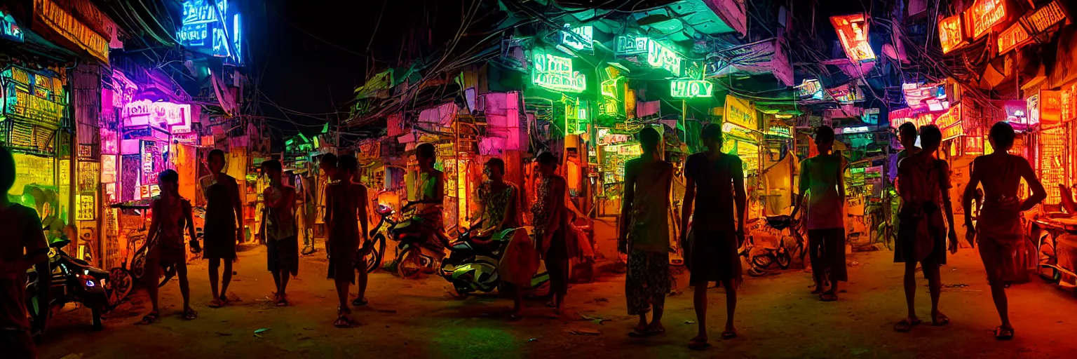 Prompt: Cyberpunk Residents, futuristic Phnom-Penh Cambodia, neon dark lighting