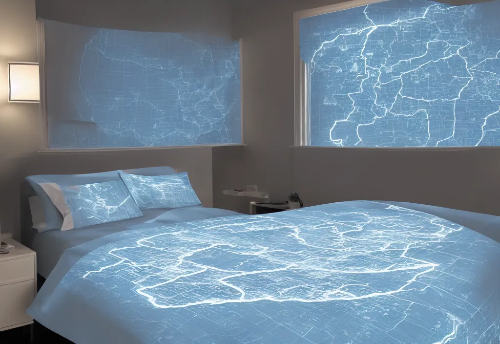 Image similar to curved translucent bedsheets with detailed florida storm weathermap, pixel perfect photograph, high contrast, volumetric lighting, thin glowing lights, bedroom, visor, users, pair of keycards on table