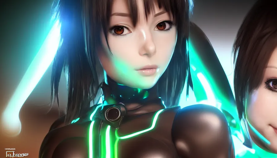 Image similar to render beautiful 3 d anime woman with short brown hair, heterochromia, blue eye and green eye, sci fi glowing bodysuit with mechanical boots, heavy makeup, short smile, cinematic lightning, highly detailed, trending on artstation, unreal engine 4 k, cinematic wallpaper