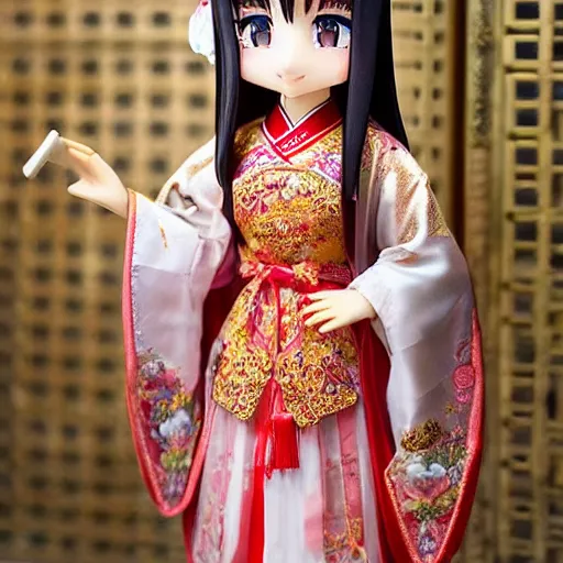 Image similar to cute and gorgeous asian girl in a pretty intricate chinese dress, beautiful symmetrical eyes, nendoroid face symmetry