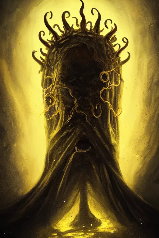 Image similar to A full body portrait of a mysterious character with no face with a very long hooded yellow cloak, a golden crown floating above his head tentacles coming out the ground art by Shaddy Safadi and Jason Chan, ominous, cosmic horror, trending on artstation, Ultra detailed, hyper realistic 4k