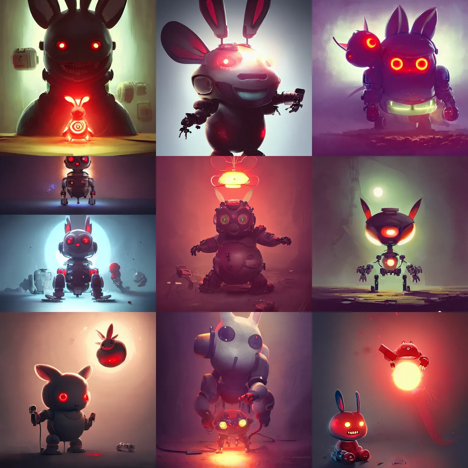 Prompt: cute chubby dangerous angry 3 years old robot child with big glowing red eyes and big rabbit ears , big complex belly mechanism , studio light, retro design by greg rutkowski