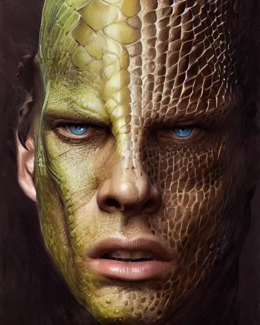 Prompt: '' Face portrait of a handsome reptilian fighter, reptile skin, reptile eyes, long hair with a ponytail , sci-fy, cyberpunk, high detail, 4k , digital painting, artstation, concept art, sharp focus, illustration, art by greg rutkowski and alphonse mucha ''