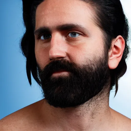 Image similar to portrait of a man in his 30s with a long black beard and black hair pulled back into a pony tail, medium plump nose, blue eyes, tan complexion, visible gauges in both ears.