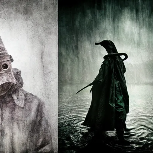 Prompt: poisonous river, plague doctor, medium shot, dark fantasy, gritty, by paolo roversi, by bastien lecouffe - deharme, by yanjun chen, by makoto shinkai