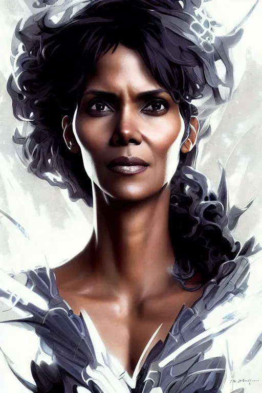 Prompt: halle berry storm as aeon flux profile picture by Greg Rutkowski, white hair, dynamic pose, intricate, futuristic, fantasy, lightning, elegant, by Stanley Artgerm Lau, greg rutkowski, thomas kindkade, alphonse mucha, loish, norman Rockwell,