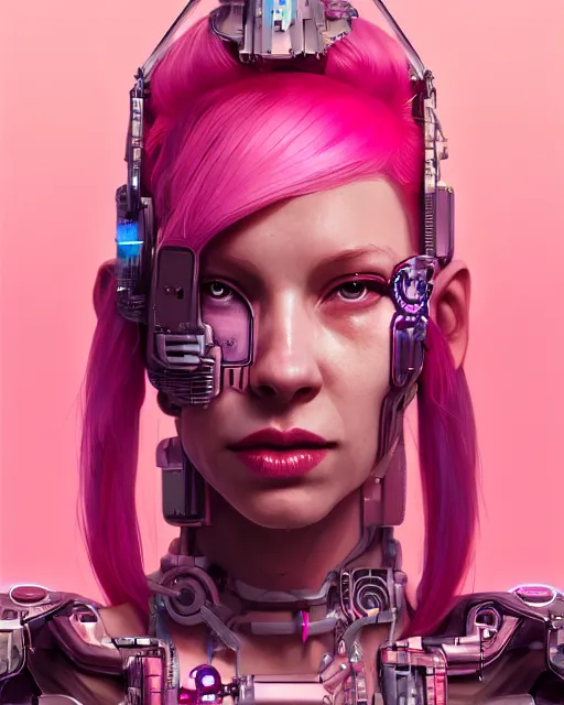 Image similar to portrait of a beautiful woman with pink hair as a cyberpunk cyborg, sci - fi, missing panels, intricate abstract upper body intricate artwork, by tooth wu, wlop, beeple, dan mumford. concept art, octane render, deviantart, greg rutkowski, cinematic, key art, hyperrealism, iridescent accents