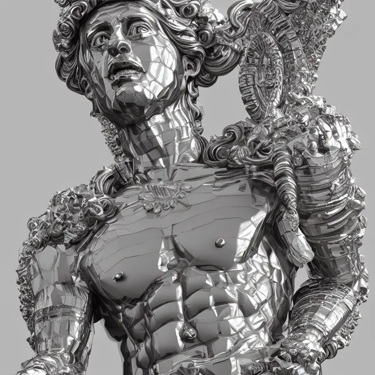 Image similar to stylized rainbow bismuth ornate statue full body made of marble of judas, perfect symmetrical body, perfect symmetrical face, hyper realistic, hyper detailed, by johannen voss, by michelangelo, octane render, blender, 8 k, displayed in pure white studio room luxury